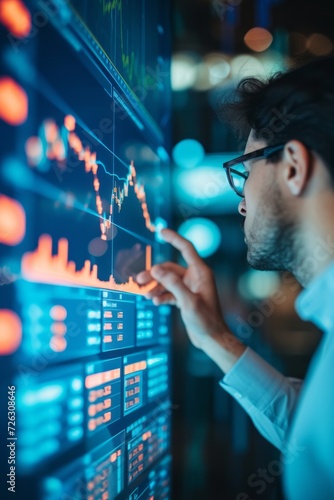 Successful and concentrated trader in formalwear looking at monitor, analyzing global bitcoin price on network diagram, working in office