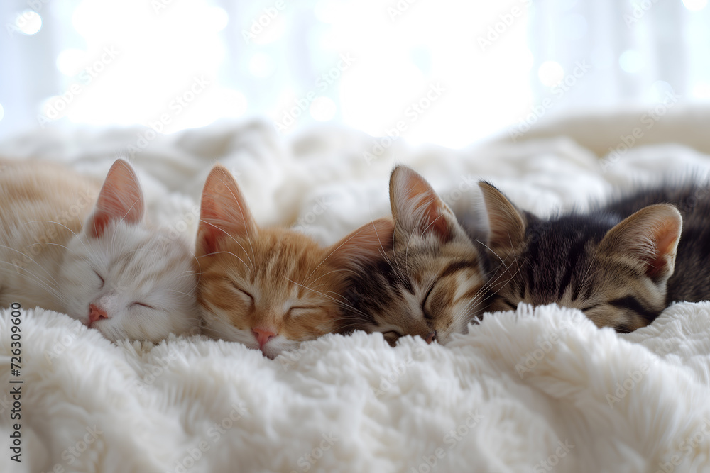 Four cats sleep on a fluffy blanket. Minimalistic pets style isolated over light background