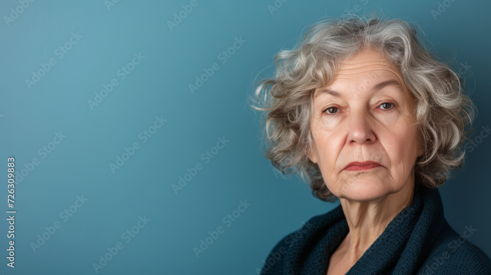 Portrait of an unhappy senior retired woman , blue color background banner with copy space Portrait of an unhappy senior retired woman , blue color background banner with copy space