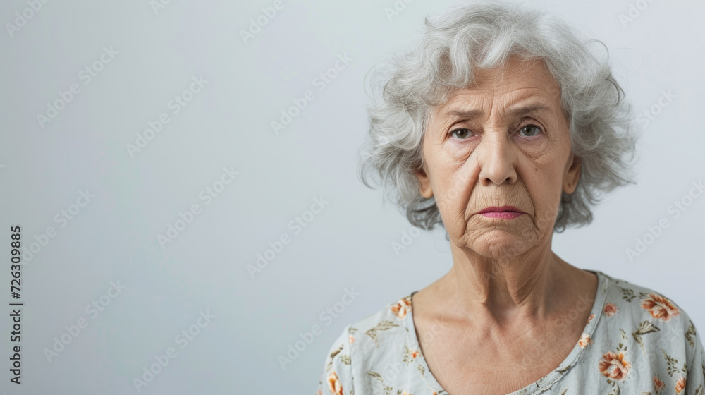 Portrait of an unhappy senior retired woman , grey color background banner with copy space Portrait of an unhappy senior retired woman , grey color background banner with copy space