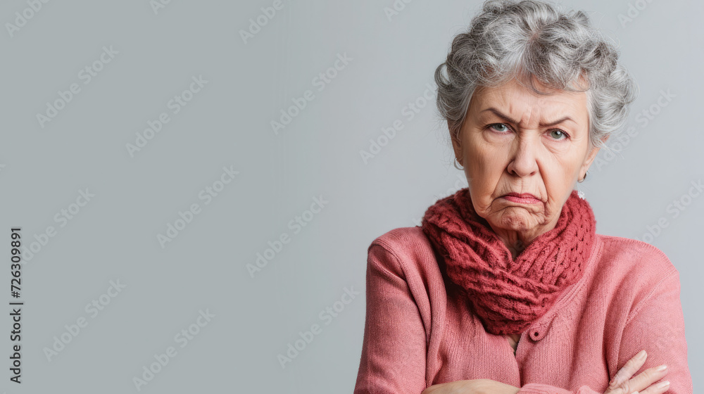 Portrait of an unhappy senior retired woman , grey color background banner with copy space Portrait of an unhappy senior retired woman , grey color background banner with copy space