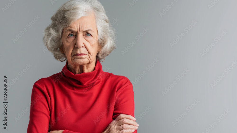 Portrait of an unhappy senior retired woman , grey color background banner with copy space - obrazy, fototapety, plakaty 