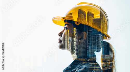 Portrait of a young construction worker woman with safety helmet letting see city buildings under construction on white background with copy space