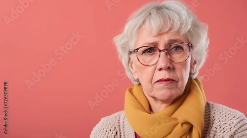 Portrait of an unhappy senior retired woman , pink color background banner with copy space