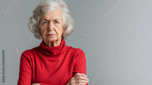 Portrait of an unhappy senior retired woman , grey color background banner with copy space photo
