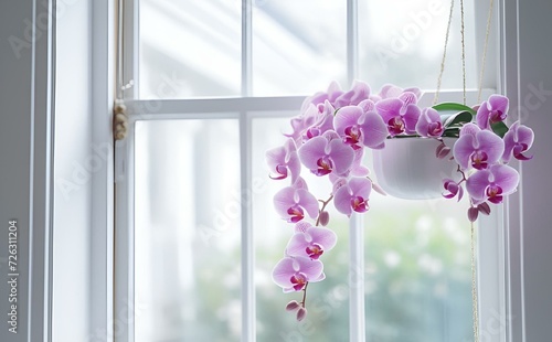 the orchid plant in the flower pot is hanging by the window