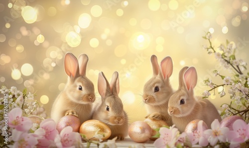 Group of four cute baby bunnies, adorable rabbits with easter eggs and spring flowers on a gold pastel background with bokeh © anatoliycherkas