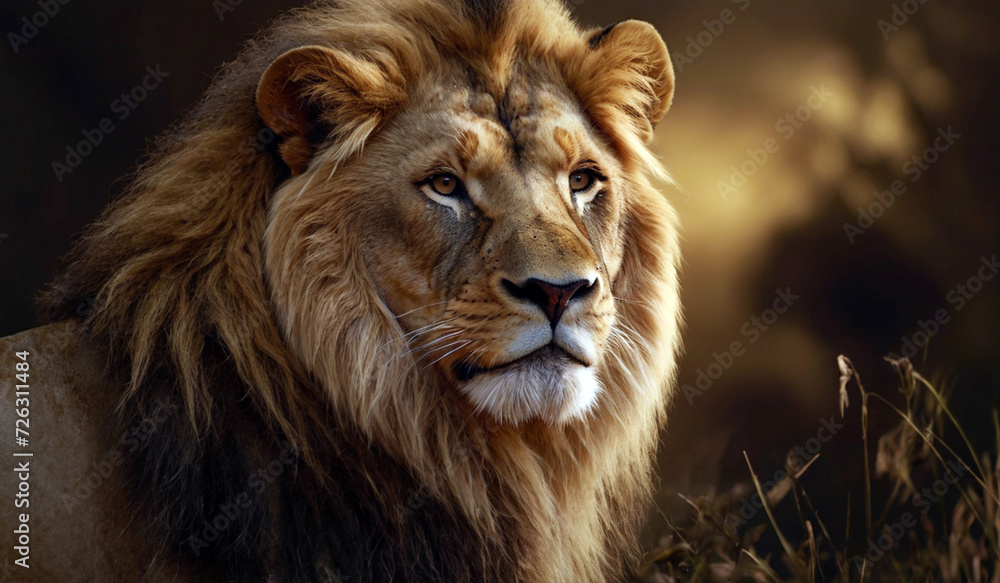 Lion king animal of nature with dark golden background, nature panorama. Generative Ai