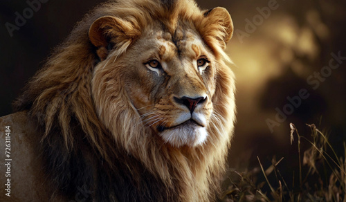 Lion king animal of nature with dark golden background, nature panorama. Generative Ai © Xabi
