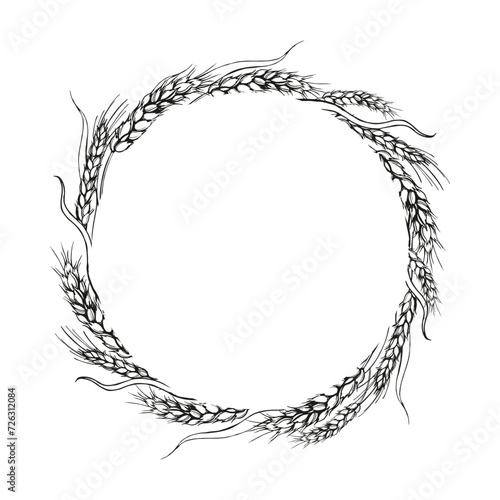 vector wreath of ears of wheat, hand drawn illustration with branches of wheat, agriculture theme, black and white sketch of harvest theme isolated on white background