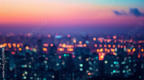 Bright glowing lights of district in megapolis under dusk sky in evening on blurred background