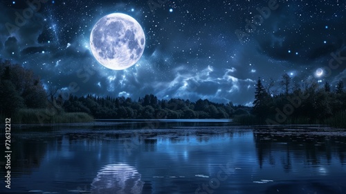 Full moon in night sky with stars and clouds above trees and pond reflecting starlight background. Dark heaven with moonlight romantic fantasy midnight twilight landscape panoramic view photo