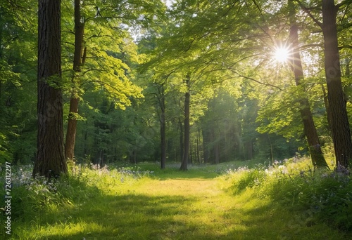 Scenic forest of fresh green deciduous trees framed by leaves, with the sun casting its warm rays through the foliage