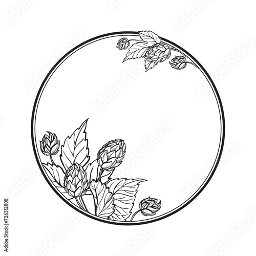 Hand drawn vector circle frame with hop plant, leaves and buds, craft beer ingredients, black and white illustration of branch humulus lupulus, inked illustration isolated on white background
