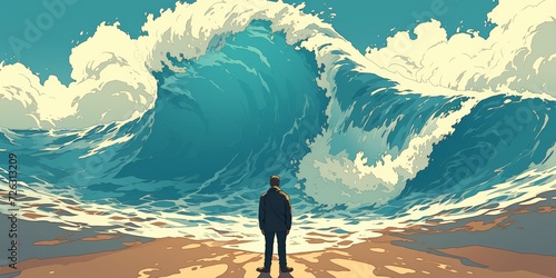 A Person Stands Bravely On The Shore, Greeting A Crashing Wave In Comicstyle Poster Design. Сoncept Comic Book Inspired, Dynamic Pose, Ocean Theme, Bold Typography, Retro Color Palette