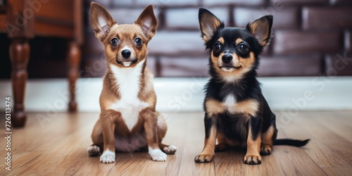 A Tiny Dog Shows Signs Of Aggression Towards A Larger Dog. Сoncept Dog Aggression, Signs Of Aggression, Tiny Vs. Large Dog, Behavior Issues, Training Tips photo