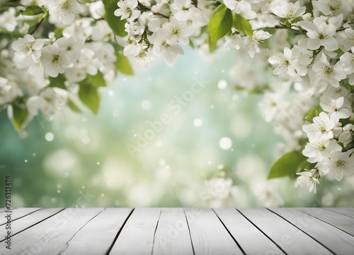 Spring background green white blossoms and white wooden table flooring