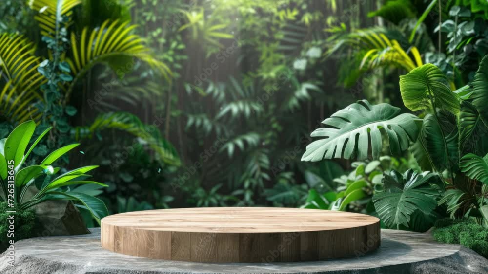 Wooden podium in tropical forest for product presentation and green background. 3d rendering Wooden podium in tropical forest for product presentation and green background. 3d rendering