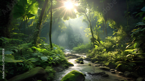 Fototapeta Naklejka Na Ścianę i Meble -  Beautiful tropical forest photo from the inside. Soft sunlight filters through the dense green foliage of the trees. Warm summer in jungles.