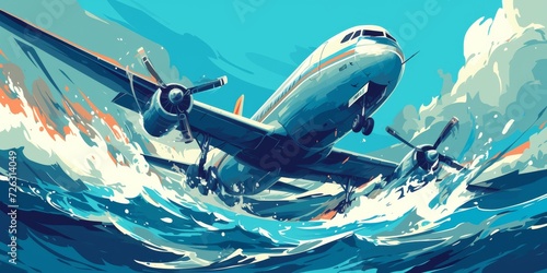 Aircraft Disaster As A Plane Plummets Into The Ocean Midflight In Comicstyle Poster Design. Сoncept Aircraft Disaster, Plane Plummets, Ocean, Midflight, Comicstyle Poster Design photo