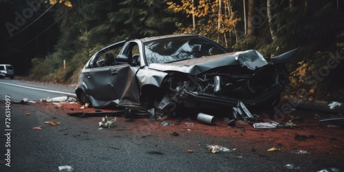 An Automobile Involved In An Accident, Its Wreckage Strewn Across The Road. Сoncept Automobile Accident, Wreckage, Road Debris, Collision Aftermath, Traffic Disruption