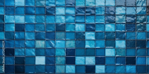 Blue Mosaic Wall With Square Tiles Fills The Frame In Full. Сoncept photo