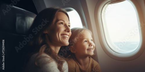 Excited Mother And Daughter Gazing Out Window Of Airplane. Сoncept Traveling Together, Mother-Daughter Bonding, Airplane Adventures