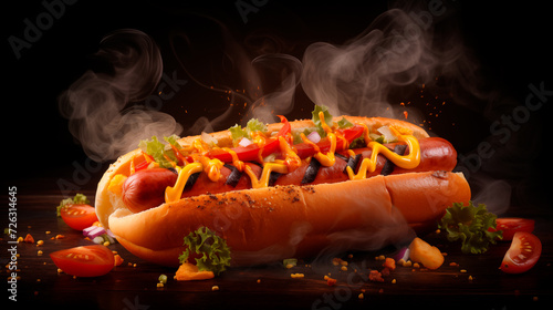 Delicious Hot Dog New York Streetfood Gourmet Frankfurter Sausage Bratwurst Chili Corn Footlong Mustard Relish Grilled Kraut All-Beef Street Cart Food Truck Pommes Foodporn Steak Fries Smoke Flames