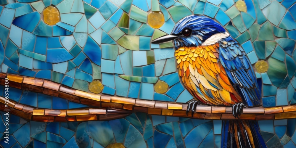 Colorful Mosaic Artwork Featuring A Stunning Blue And Golden Bird. Сoncept Contemporary Abstract Paintings, Nature-Inspired Art, Bold And Vibrant Colors, Bird Art, Mosaic Artwork