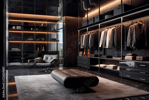 Large modern men's dressing room. Black racks for clothes in brutal style. Home wardrobe space for men photo