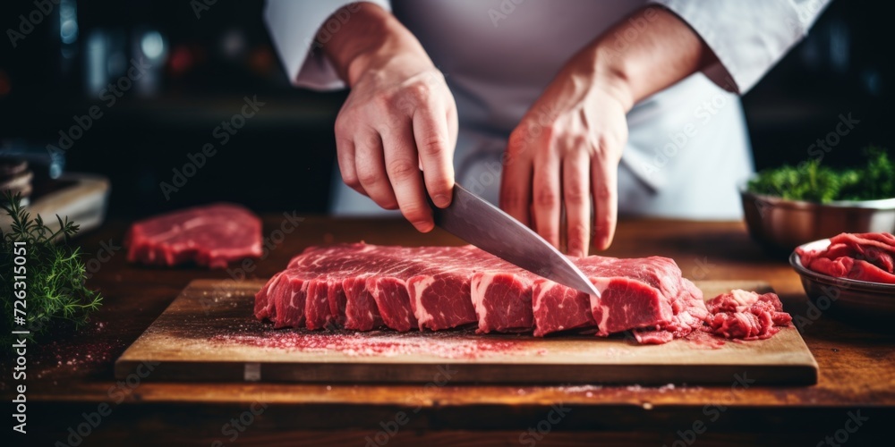 Cook Preparing Dinner By Slicing Raw Meat With A Sharp Knife. Сoncept Food Preparation, Cooking Techniques, Knife Skills, Dinner Recipes, Meat Preparation