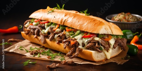 Delicious Homemade Sandwich Filled With Mouthwatering Philly Cheesesteak And Savory Toppings. Сoncept Food Photography, Sandwich Recipes, Cheesesteak Variations, Flavorful Toppings