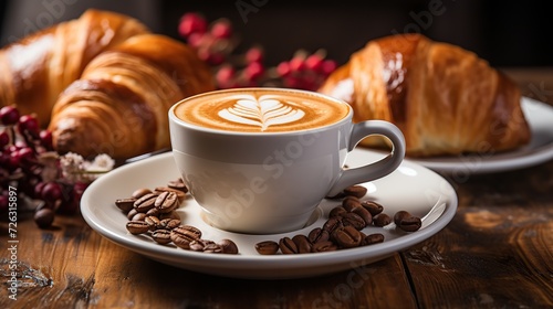 breakfast with coffee and croissant on a wooden background. AI Generated