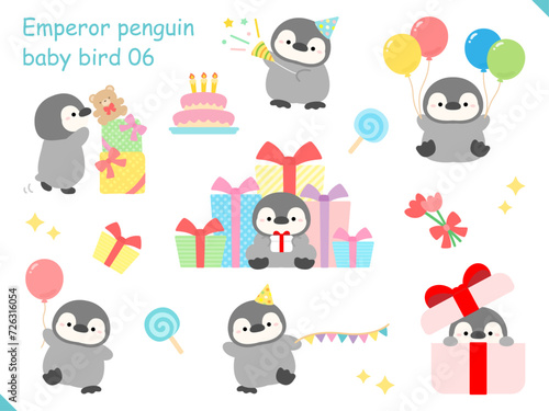 誕生日パーティーをしているペンギンのベクターイラスト。あらゆるポーズのイラストは孤立していて使いやすい。お祝いの行事のチラシやカードの挿し絵