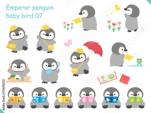 幼稚園に入園し、新生活をスタートしたペンギンのベクターイラスト。それぞれのイラストは孤立している。新生活応援セールや入学祝い、チラシの挿し絵