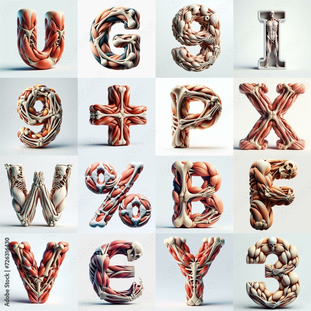 Fototapeta premium 3D lettering what blend Bones and Muscles. AI generated illustration