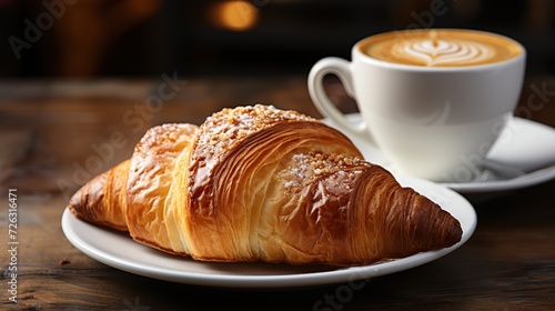 breakfast with coffee and croissant on a wooden background. AI Generated