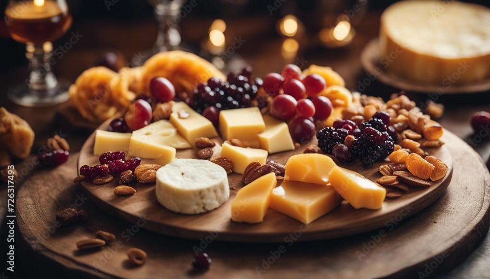 Artisan cheese platter with honey and dried fruit

