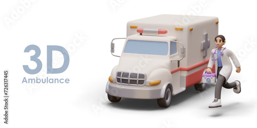 3D ambulance car, man in white coat is running with first aid kit in his hands