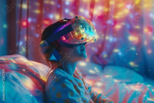 Child in pajamas experiencing virtual reality with colorful light projection. Virtual reality, augmented reality concept. Futuristic technology and future. 