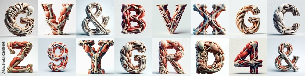 3D lettering what blend Bones and Muscles. AI generated illustration - obrazy, fototapety, plakaty 