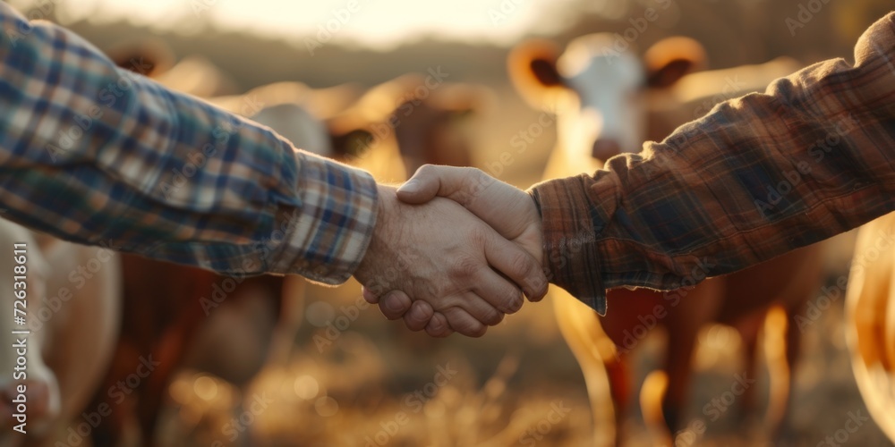 Close-Up Shot Of Farmers Shaking Hands Among Cows On Agricultural Farm. Сoncept Farmers' Market, Farm-To-Table Cooking, Sustainable Agriculture, Organic Produce, Community Supported Agriculture (Csa)