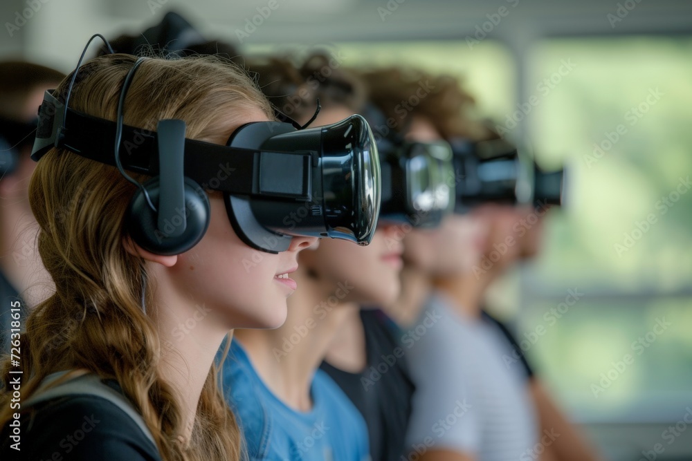 People in a row wearing virtual reality headsets. Virtual reality, augmented reality concept. VR / AR metaverse simulation. Futuristic technology and future education. Interactive learning People in a row wearing virtual reality headsets. Virtual reality, augmented reality concept. VR / AR metaverse simulation. Futuristic technology and future education. Interactive learning
