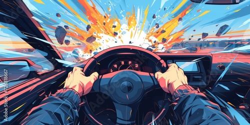 Fearstricken Driver Loses Control Of Vehicle Resulting In A Collision In Comicstyle Poster Design.   oncept Comic-Style Car Crash  Fear-Stricken Driver  Collision  Lost Control  Poster Design