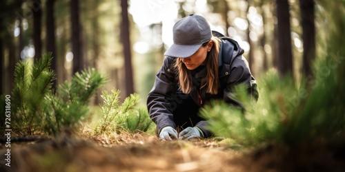 Female Forestry Technician Ensuring Sustainable Forest Management By Evaluating Pine Tree Quality. Сoncept Forest Ecology, Pine Tree Evaluation, Sustainable Forestry Management photo