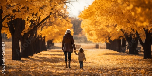 Intergenerational Bond Blossoms Amid Autumns Golden Hues As Grandmother And Granddaughter Stroll Through Park. Сoncept Autumn Scenery, Generational Love, Park Stroll, Golden Hues, Bonding Moments