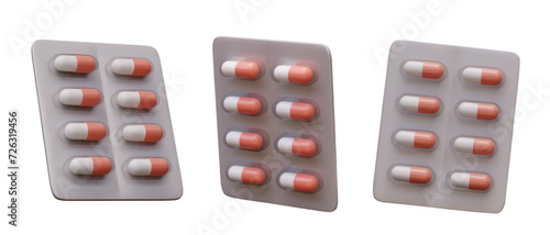 Collection of different blisters with colorful medical products in red and white colors