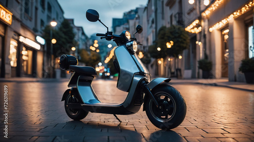 Electric scooter on the street in city at night