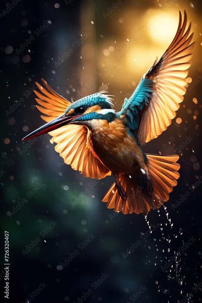 Fototapeta premium Close-up Beautiful kingfisher nose-dive, cinematic lighting Generative AI