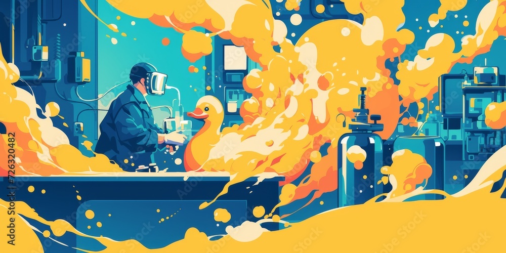 Scientists In A Lab Experiment On An Alien When A Huge Rubber Duck Bursts In In Comicstyle Poster Design. Сoncept Scientific Alien Experiment, Giant Rubber Duck Invasion, Comic-Style Poster Design